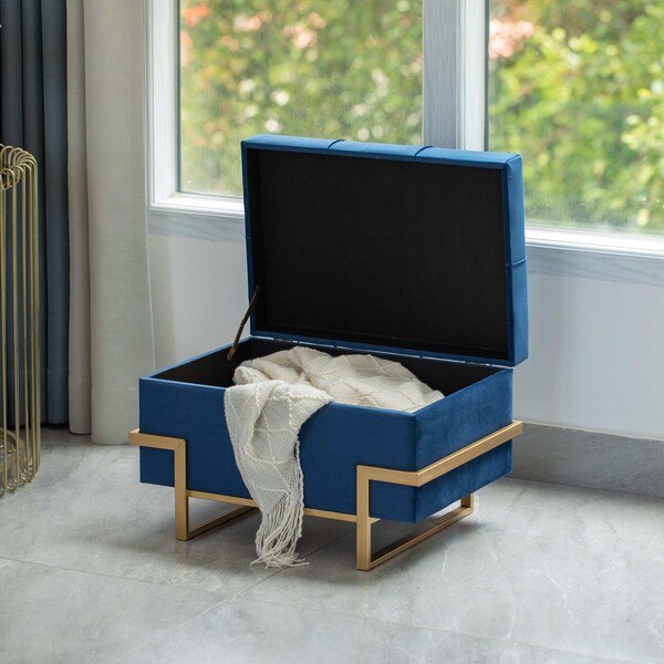 Velvet Storage Ottoman Stool Box With Abstract Golden Legs - Decorative Sitting Bench, Blue Small